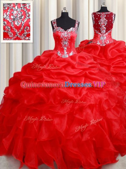 Noble Straps Sleeveless Floor Length Beading and Ruffles Zipper Sweet 16 Quinceanera Dress with Red - Click Image to Close
