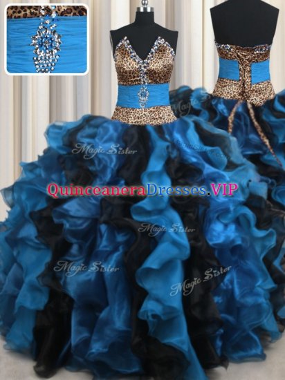 Unique Leopard Two Tone Organza and Printed V-neck Sleeveless Lace Up Beading and Ruffles Vestidos de Quinceanera in Blue And Black - Click Image to Close