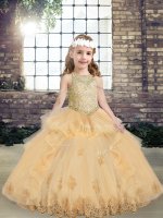 Floor Length Champagne Little Girls Pageant Dress Tulle Sleeveless Appliques(SKU PAG1239-2BIZ)