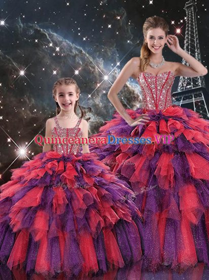 Customized Floor Length Lace Up Sweet 16 Dress Multi-color for Military Ball and Sweet 16 and Quinceanera with Beading and Ruffles and Ruffled Layers - Click Image to Close