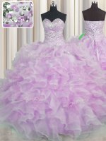 Modern Lilac Ball Gowns Sweetheart Sleeveless Organza Floor Length Lace Up Beading and Ruffles Quince Ball Gowns(SKU PSSW0449-6BIZ)