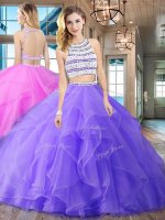 Super Lavender Scoop Backless Beading and Ruffles Quinceanera Gown Brush Train Sleeveless