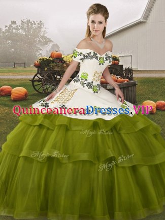 Vintage Olive Green Ball Gowns Off The Shoulder Sleeveless Tulle Brush Train Lace Up Embroidery and Ruffled Layers Ball Gown Prom Dress