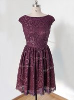 Deluxe Dark Purple Damas Dress Prom and Wedding Party with Lace Scoop Cap Sleeves Lace Up