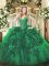Romantic Green Ball Gowns Organza V-neck Sleeveless Beading and Ruffles Floor Length Lace Up Sweet 16 Dresses