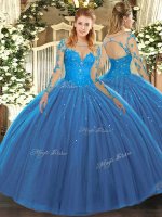 Customized Ball Gowns Vestidos de Quinceanera Teal Scoop Tulle Long Sleeves Floor Length Lace Up