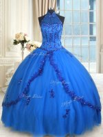 See Through Floor Length Blue Quinceanera Dresses Halter Top Sleeveless Lace Up