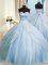 Delicate Sweetheart Sleeveless Quince Ball Gowns With Train Court Train Beading and Appliques Baby Blue Organza