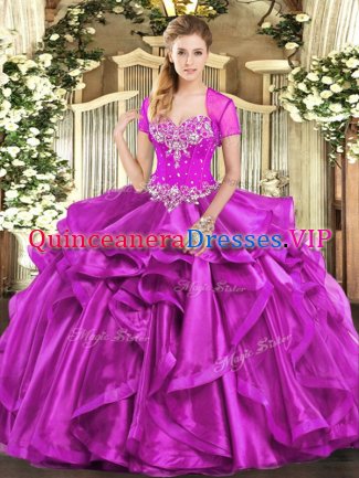 Amazing Sweetheart Sleeveless Lace Up Quinceanera Gowns Fuchsia Organza