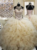 Best Selling Floor Length Champagne Ball Gown Prom Dress Halter Top Sleeveless Lace Up