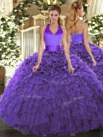 Dramatic Purple Halter Top Lace Up Ruffles 15th Birthday Dress Sleeveless