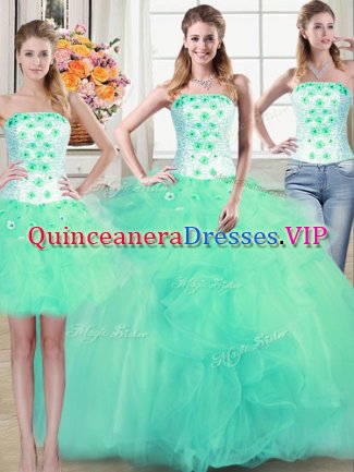 Best Three Piece Turquoise Sleeveless Floor Length Beading and Appliques and Ruffles Lace Up Quinceanera Gown