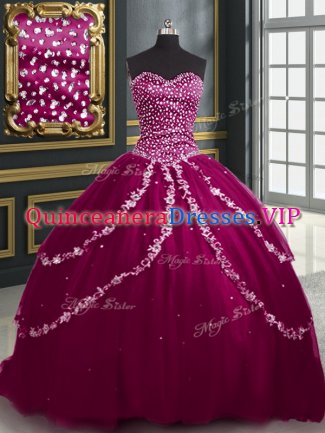 Graceful Sweetheart Sleeveless Tulle 15 Quinceanera Dress Beading and Appliques Brush Train Lace Up