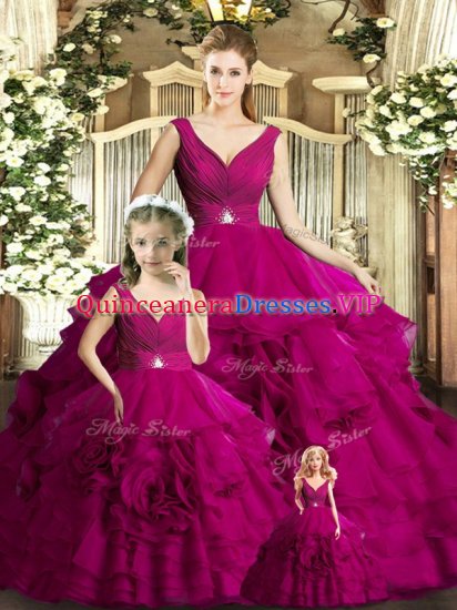 Delicate Floor Length Fuchsia Sweet 16 Quinceanera Dress V-neck Sleeveless Backless - Click Image to Close