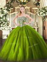 Ball Gowns Quinceanera Gown Olive Green Strapless Tulle Sleeveless Floor Length Lace Up