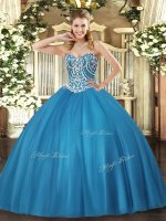 High Class Baby Blue Tulle Lace Up Sweetheart Sleeveless Floor Length Ball Gown Prom Dress Beading