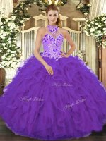 Best Purple Ball Gowns Organza Halter Top Sleeveless Beading and Embroidery and Ruffles Floor Length Lace Up Ball Gown Prom Dress