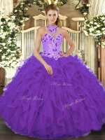 Best Purple Ball Gowns Organza Halter Top Sleeveless Beading and Embroidery and Ruffles Floor Length Lace Up Ball Gown Prom Dress(SKU SJQDDT1275002-3BIZ)