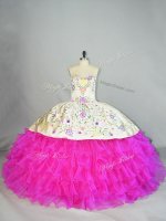 Comfortable Fuchsia Ball Gowns Embroidery and Ruffled Layers Sweet 16 Dresses Lace Up Organza Sleeveless