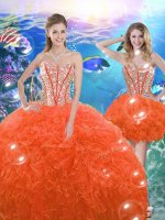 Perfect Orange Red Organza Lace Up Quinceanera Dresses Sleeveless Floor Length Beading and Ruffles