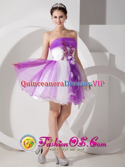 Lihue Hawaii/HI Purple and White A-line Strapless Mini-length Organza Hand Made Flowers Quinceanera Dama Dress - Click Image to Close