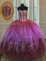 High End Sleeveless Floor Length Beading and Ruffles and Sequins Lace Up Quince Ball Gowns with Multi-color