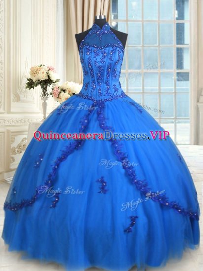 See Through Floor Length Blue Quinceanera Dresses Halter Top Sleeveless Lace Up - Click Image to Close