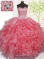 Organza Sweetheart Sleeveless Lace Up Beading and Ruffles and Pick Ups Quinceanera Gowns in Rose Pink(SKU PSSW0387-1BIZ)
