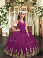 Purple Ball Gowns Tulle V-neck Sleeveless Embroidery Floor Length Zipper Kids Formal Wear(SKU PAG1096-2BIZ)