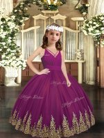 Purple Ball Gowns Tulle V-neck Sleeveless Embroidery Floor Length Zipper Kids Formal Wear