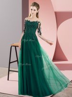 Sumptuous Half Sleeves Chiffon Floor Length Lace Up Damas Dress in Dark Green with Beading and Lace