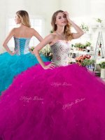 Elegant Fuchsia Sweetheart Neckline Beading and Ruffles Quinceanera Dress Sleeveless Lace Up