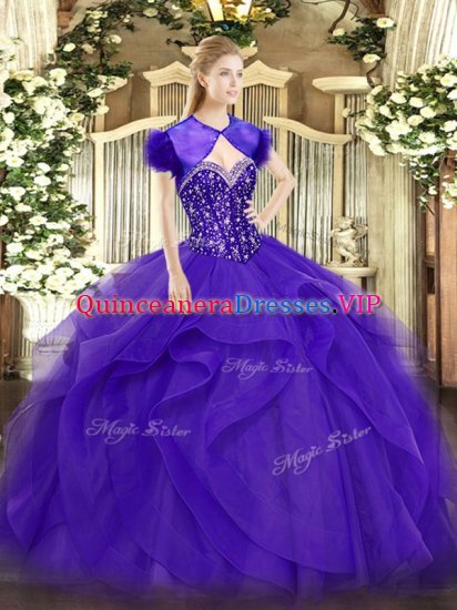Fitting Purple Tulle Lace Up Sweet 16 Dresses Sleeveless Floor Length Beading and Ruffles - Click Image to Close