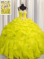 See Through Zipper Up Yellow Sleeveless Floor Length Appliques and Ruffles Zipper 15 Quinceanera Dress