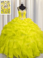 See Through Zipper Up Yellow Sleeveless Floor Length Appliques and Ruffles Zipper 15 Quinceanera Dress(SKU PSSW0496-2BIZ)