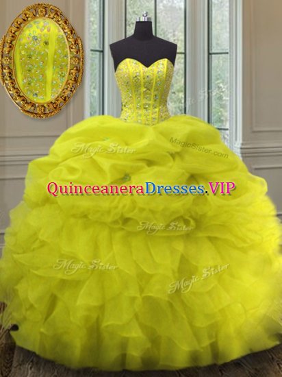 Yellow Sweetheart Lace Up Beading and Ruffles and Pick Ups Vestidos de Quinceanera Sleeveless - Click Image to Close