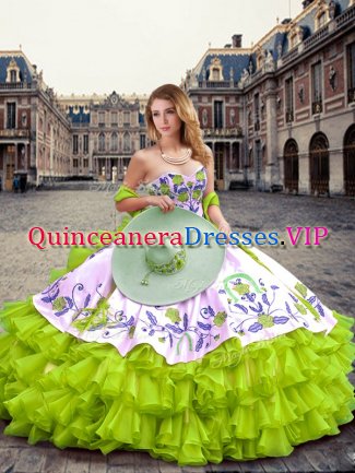 Yellow Green Lace Up Sweetheart Embroidery and Ruffled Layers Ball Gown Prom Dress Organza Sleeveless