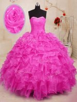 Extravagant Sweetheart Sleeveless Organza Quinceanera Dresses Beading and Ruffles and Hand Made Flower Lace Up