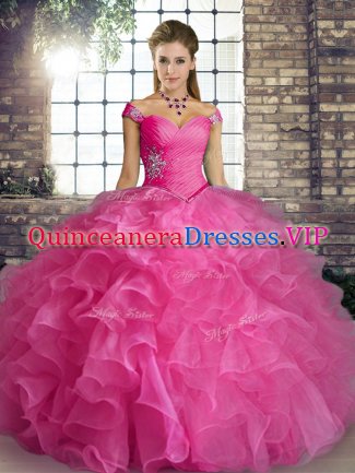 Cute Rose Pink Ball Gowns Beading and Ruffles Sweet 16 Dress Lace Up Organza Sleeveless Floor Length