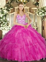 Elegant Floor Length Fuchsia Sweet 16 Quinceanera Dress Tulle Sleeveless Appliques and Ruffles