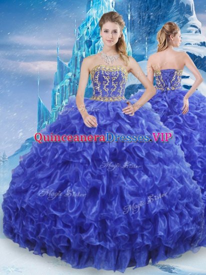 Royal Blue Ball Gowns Strapless Sleeveless Organza Floor Length Lace Up Beading and Appliques and Ruffles Quinceanera Dresses - Click Image to Close