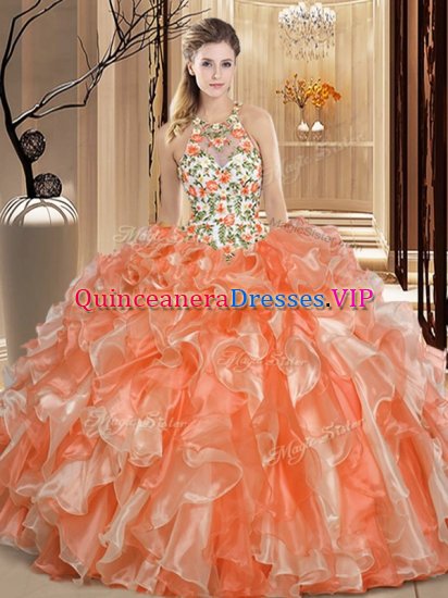 Scoop Orange Sleeveless Floor Length Embroidery and Ruffles Backless Sweet 16 Dresses - Click Image to Close