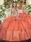 Glittering Floor Length Orange Red Vestidos de Quinceanera Tulle Sleeveless Beading and Ruffled Layers