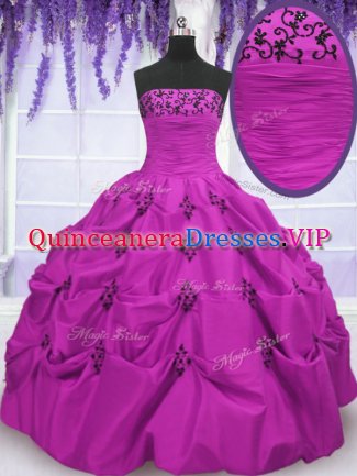 Strapless Sleeveless Sweet 16 Quinceanera Dress Floor Length Embroidery and Pick Ups Fuchsia Taffeta