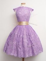 Low Price Lavender Lace Up Vestidos de Damas Belt Cap Sleeves Knee Length