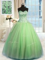 Hot Sale Sleeveless Floor Length Beading and Ruching Lace Up Sweet 16 Quinceanera Dress with Green