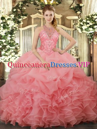 Watermelon Red Organza Lace Up Halter Top Sleeveless Floor Length Sweet 16 Dress Beading and Ruffles and Pick Ups