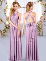 Captivating Sleeveless Floor Length Ruching Criss Cross Court Dresses for Sweet 16 with Lavender