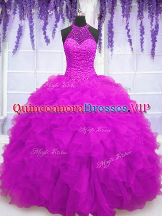 Noble Fuchsia Lace Up High-neck Beading and Ruffles Quinceanera Gown Organza Sleeveless
