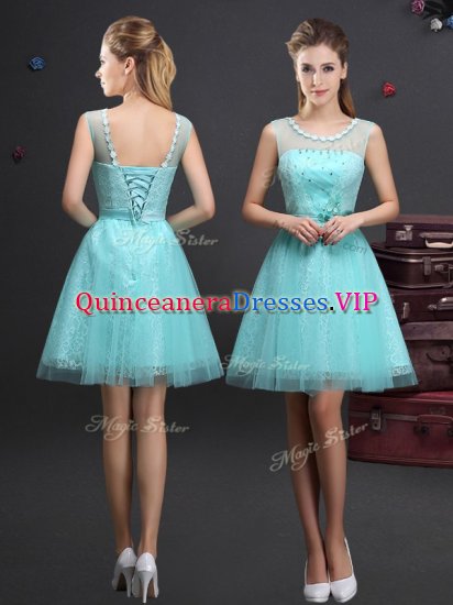 Delicate Tulle Scoop Sleeveless Lace Up Beading and Lace and Appliques and Belt Dama Dress for Quinceanera in Aqua Blue - Click Image to Close